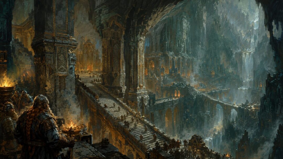 Ancient Khazad-dûm in its glory with vast Dwarven halls, forge-light, bridges, and silver gleams in the stone.