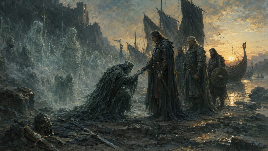 The King of the Dead bows as the Oathbreakers fade into mist after their oath is fulfilled.