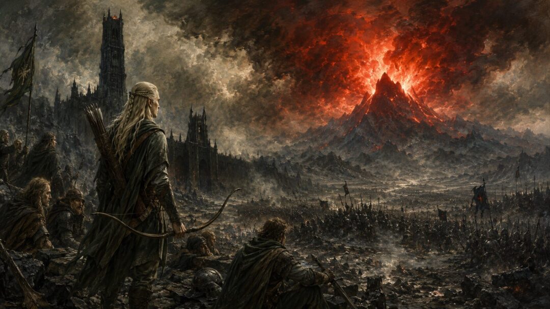 Legolas stands at the Black Gate as Mount Doom erupts in the distance and the hidden end of Sauron’s power unfolds.