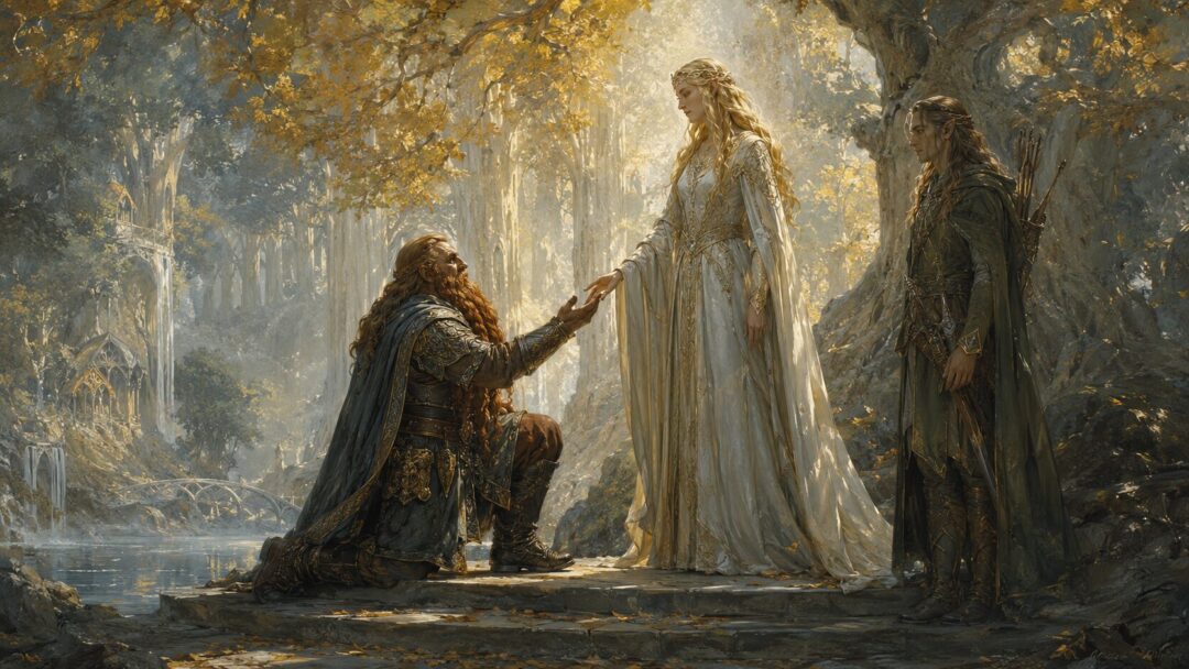 A Dwarf and a woodland Elf walk together among the ancient trees of Fangorn Forest.