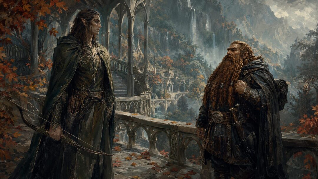 An Elf and a Dwarf stand uneasily in Rivendell before the Fellowship’s journey begins.
