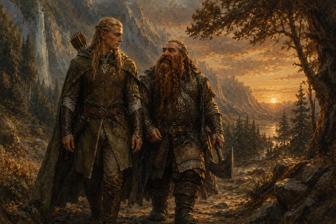 Legolas and Gimli traveling together as a symbol of reconciliation between Elves and Dwarves