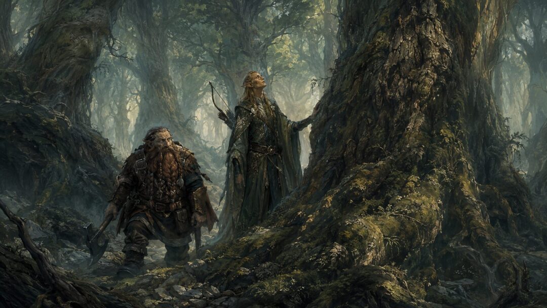 An Elf and a Dwarf stand together on a grey ship sailing down the Anduin from Ithilien.