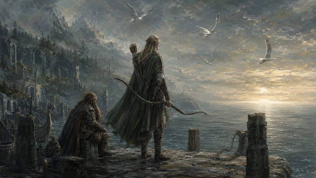 Legolas stands near the Sea beneath circling gulls, feeling the bittersweet sea-longing after the War of the Ring.