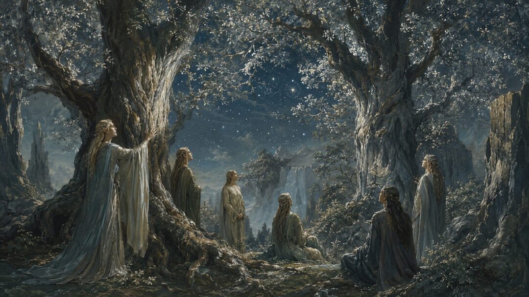 Legolas stands alert beneath the ancient trees of Fangorn while Aragorn tracks and Gimli watches warily.