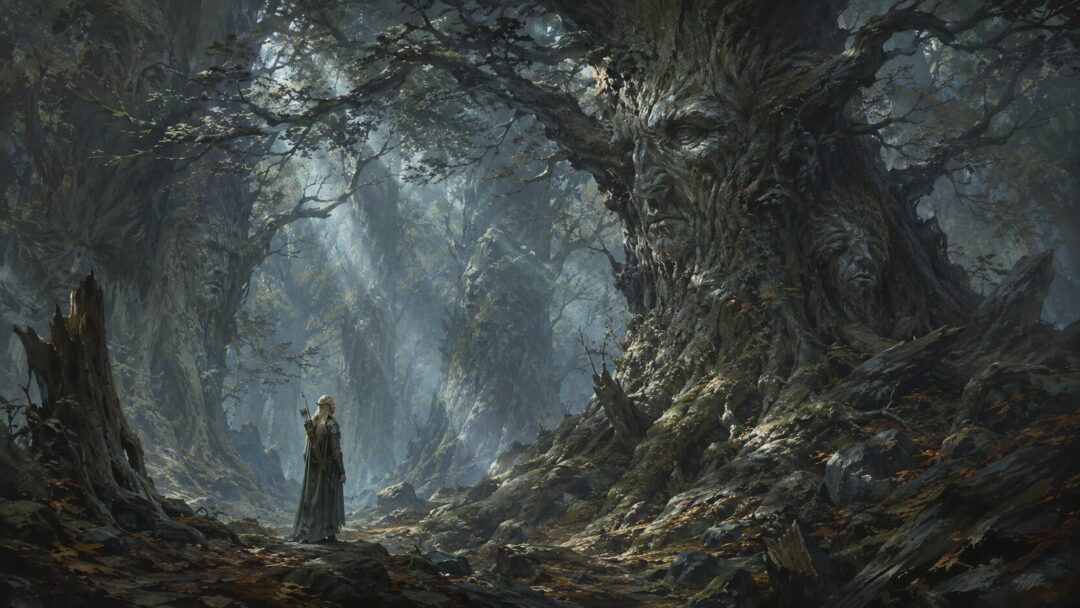 Legolas appears small beneath vast ancient trees in Fangorn, sensing the forest’s age and memory.