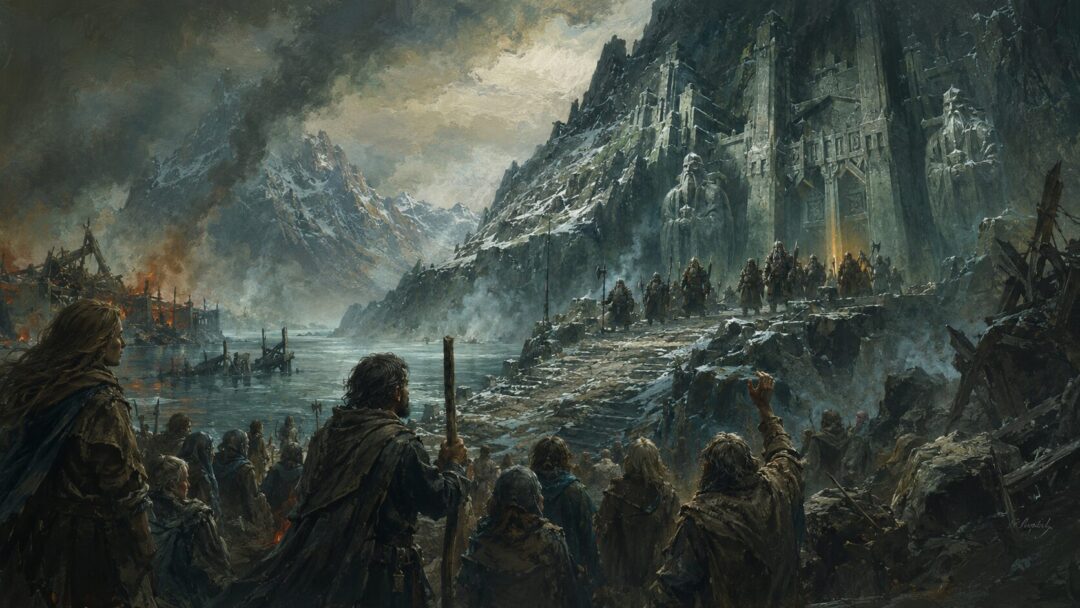 Survivors of Lake-town look toward the sealed gates of Erebor after Smaug’s death.