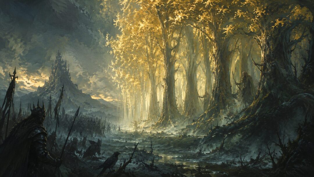 Golden Lothlórien resisting shadowy forces from Dol Guldur at the forest edge.