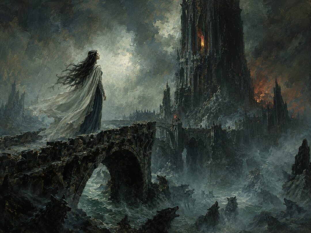 Lúthien stands before Tol-in-Gaurhoth and sings toward Sauron’s captured tower under a cold First Age night.