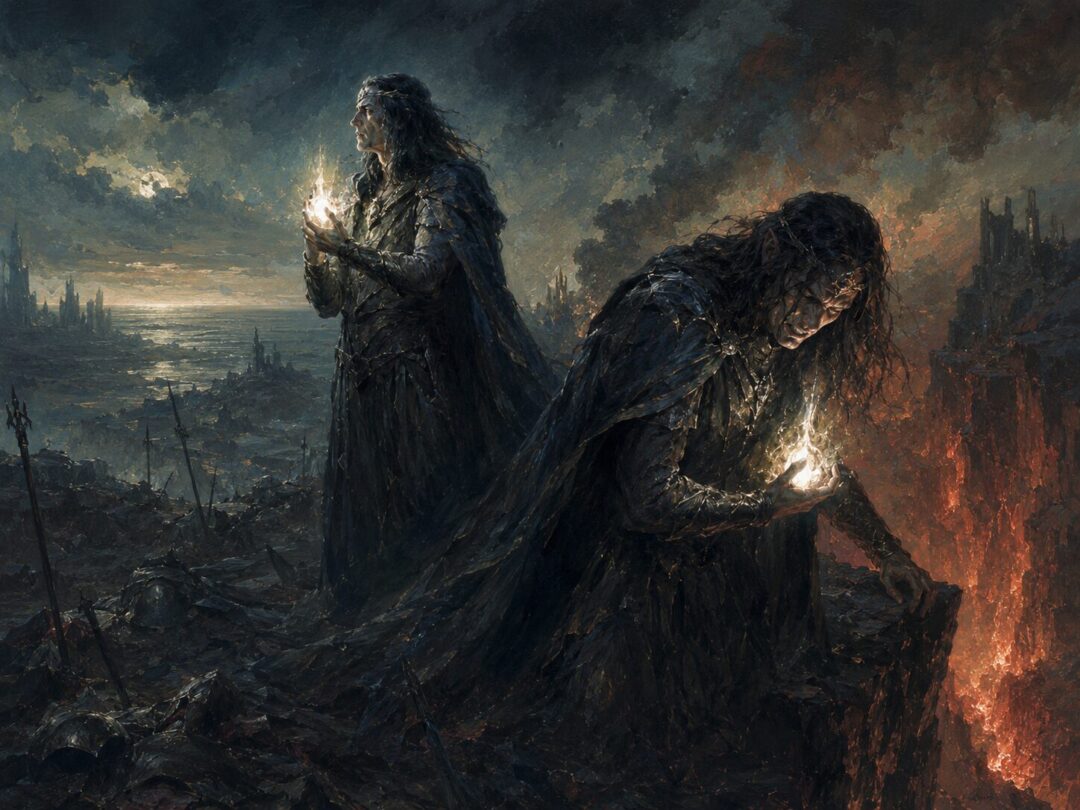 Maedhros and Maglor flee after taking the Silmarils as the holy jewels burn their hands.