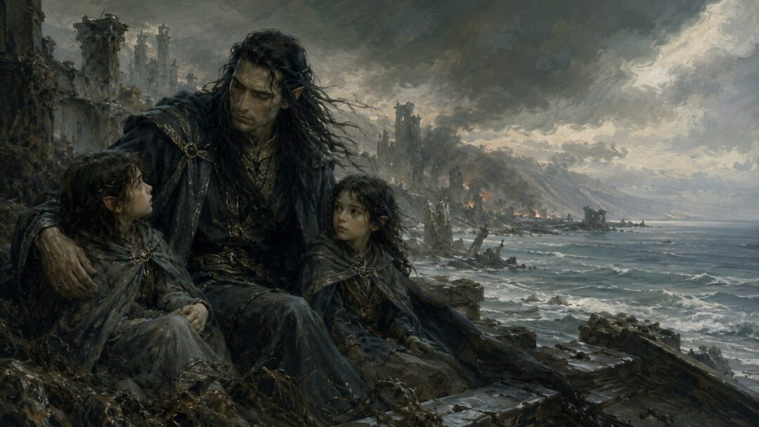 Maglor stands beside young Elrond and Elros near the grey shore after the fall of the Havens of Sirion.