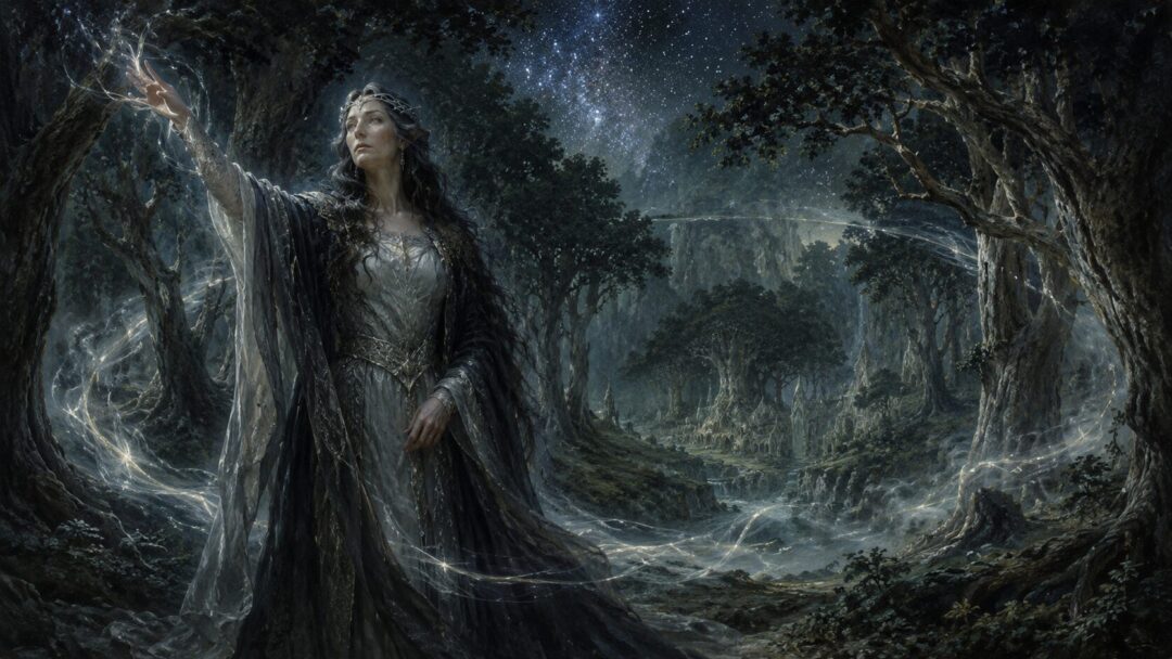 Melian the Maia stands in the woods of Doriath as she weaves her protective enchantment.