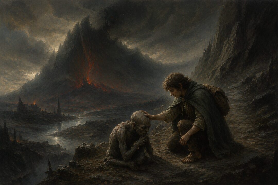 A small traveler shows mercy to a ruined creature while an ancient shadow looms over the land.