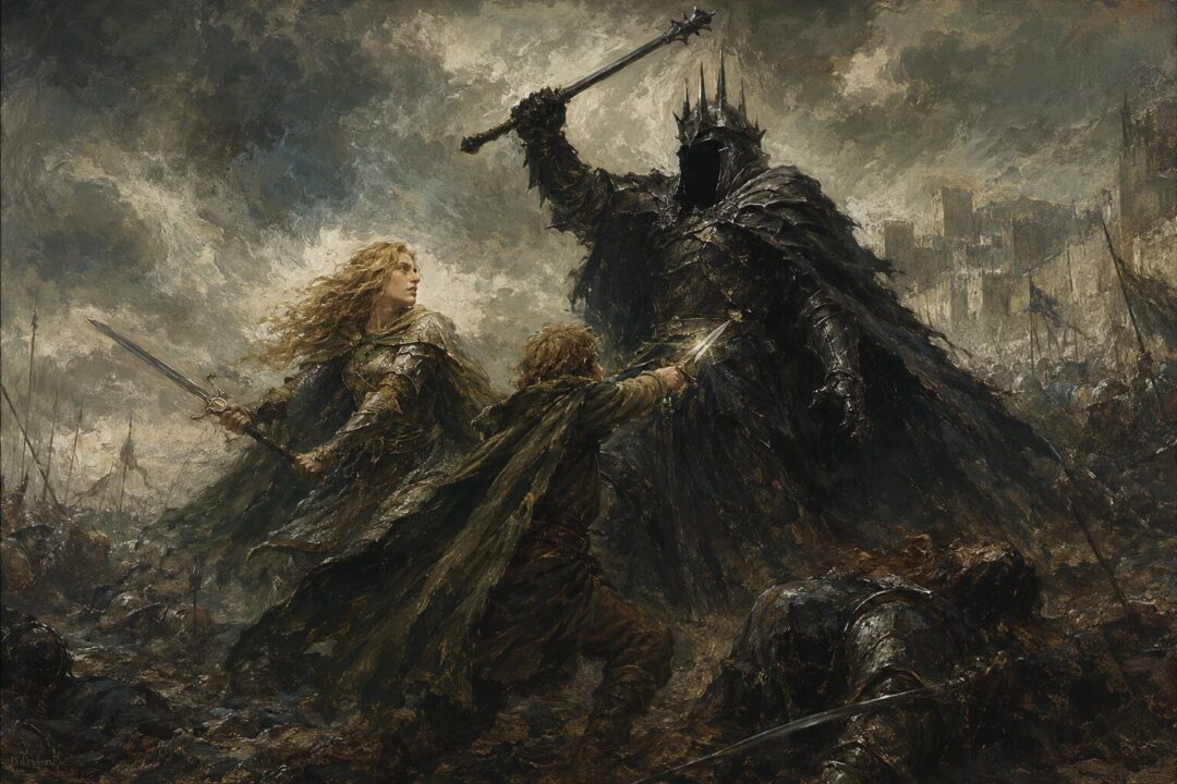 Merry and Éowyn confronting the Witch-king during the Battle of the Pelennor Fields
