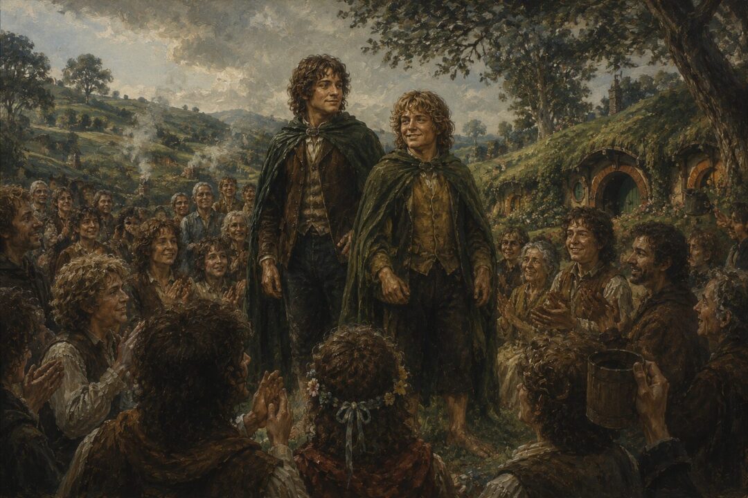 Merry and Pippin returning home as wiser and more confident Hobbits after the War of the Ring