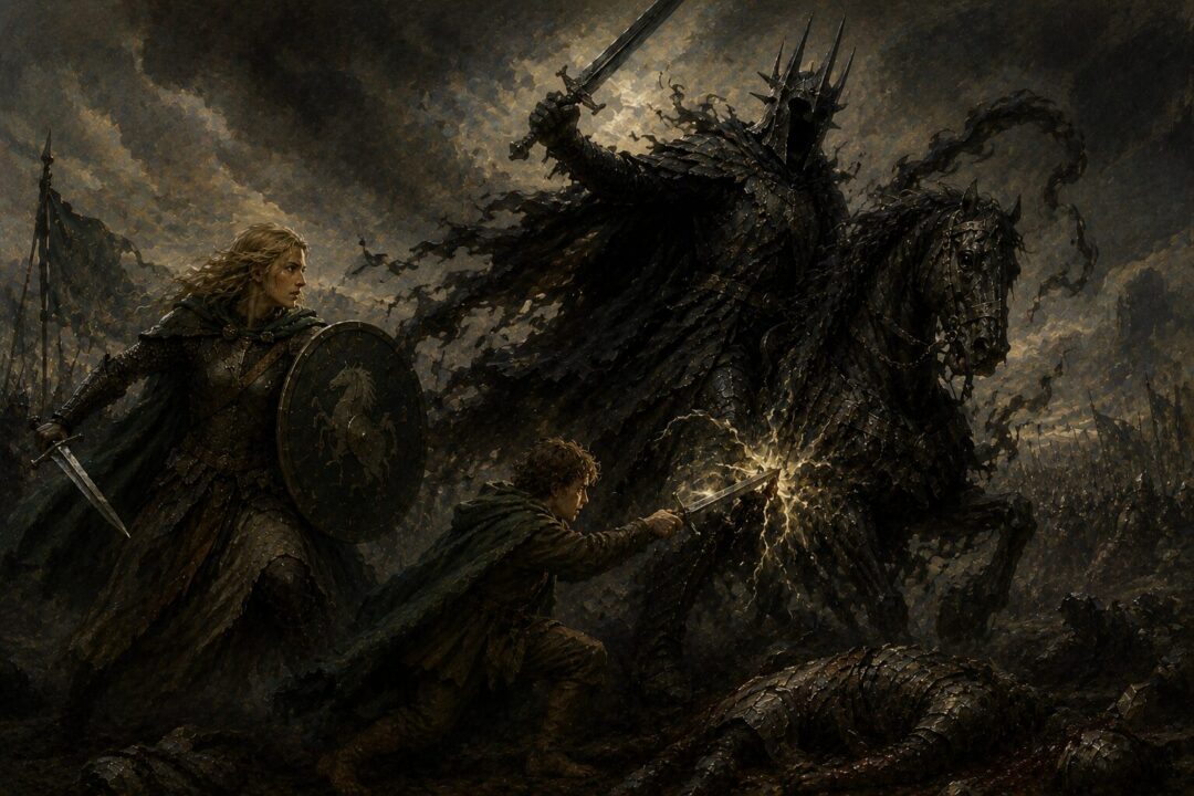 Merry striking the Witch-king with the Barrow-blade during the Battle of the Pelennor Fields