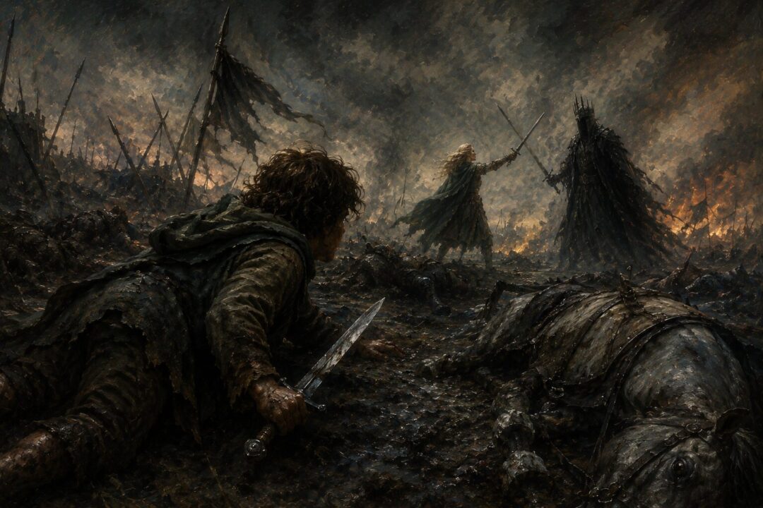 Merry crawls through the Pelennor battlefield with the Barrow-blade as Éowyn confronts the Witch-king.