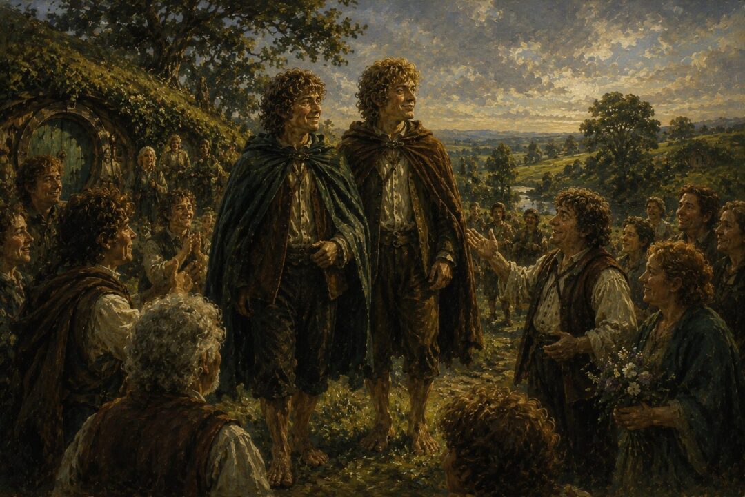 Merry and Pippin departing the Shire at dawn as young Hobbits beginning their journey