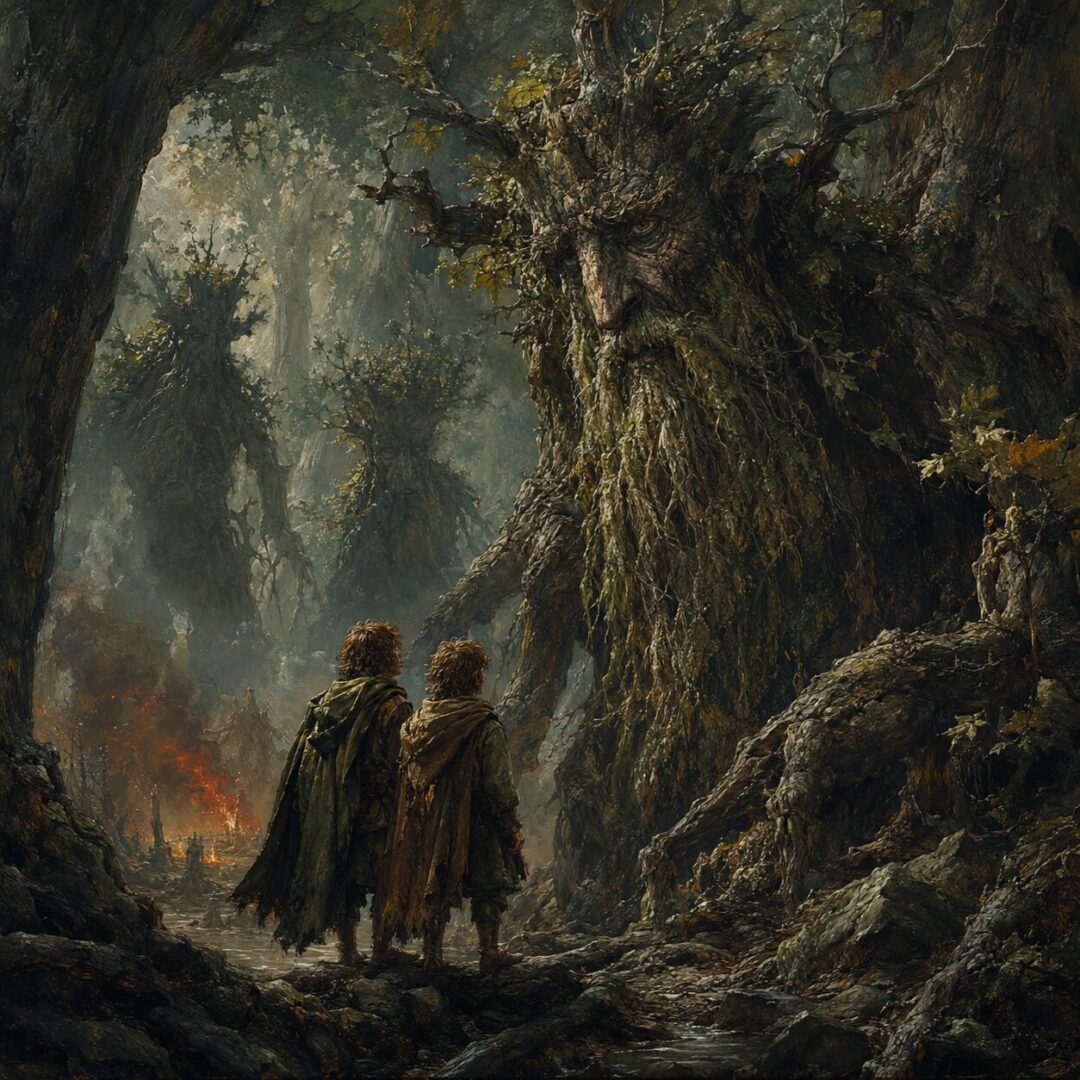 Merry and Pippin meeting Treebeard in the ancient shadows of Fangorn Forest