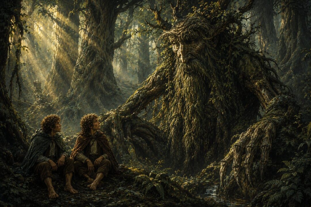 Merry and Pippin listening to Treebeard in the ancient depths of Fangorn Forest