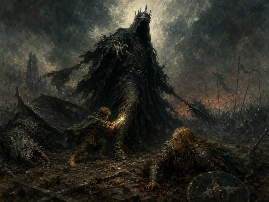 Merry strikes the Witch-king with an ancient blade of Westernesse as Éowyn lies wounded nearby.