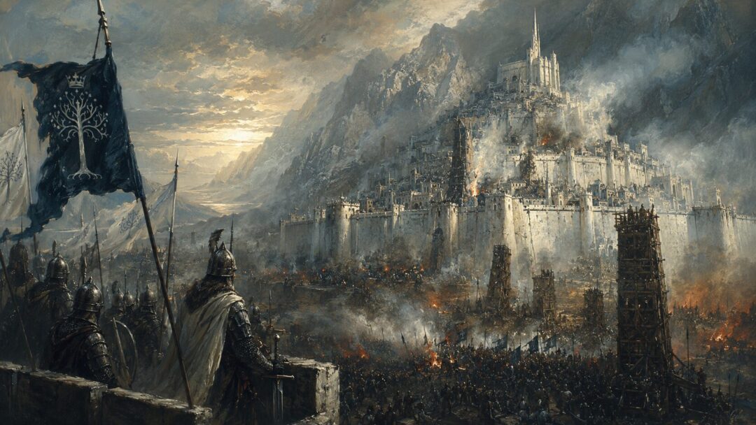 Minas Tirith under siege at dawn, showing Gondor as the last great barrier against Mordor.