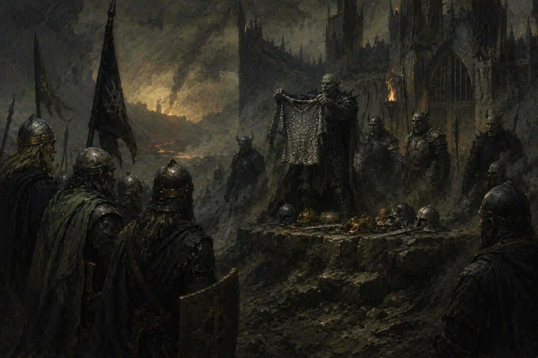 The Enemy’s servants display a captured mithril coat before the Black Gate of Mordor.