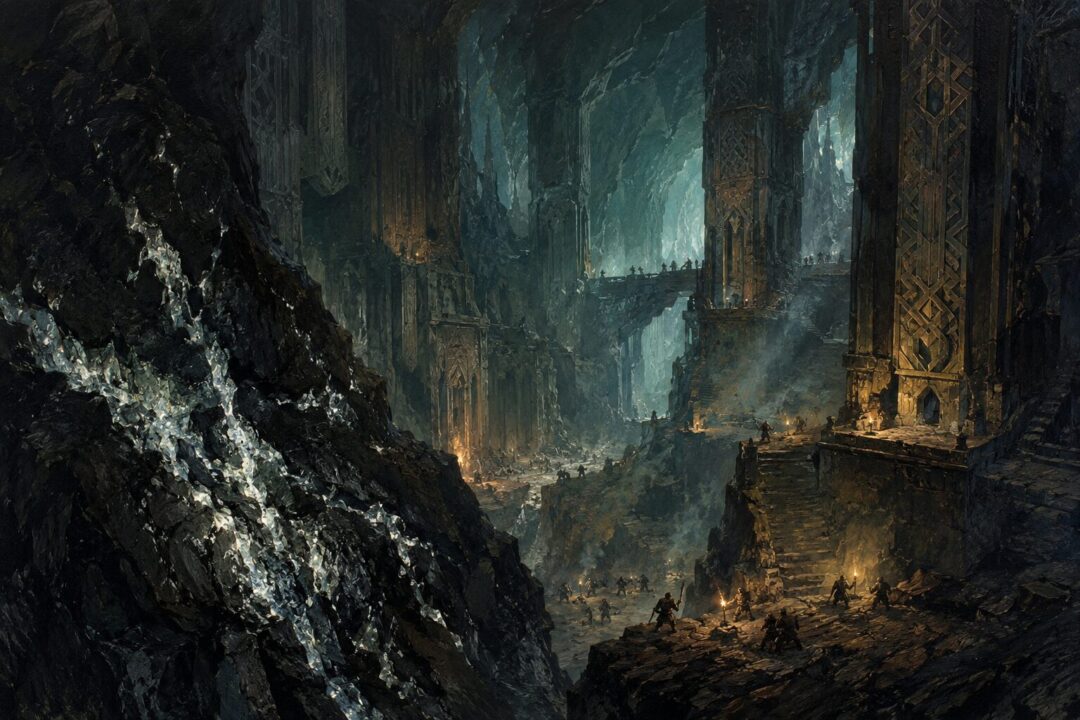 Pale mithril veins glimmer deep beneath the ancient Dwarven halls of Khazad-dûm.