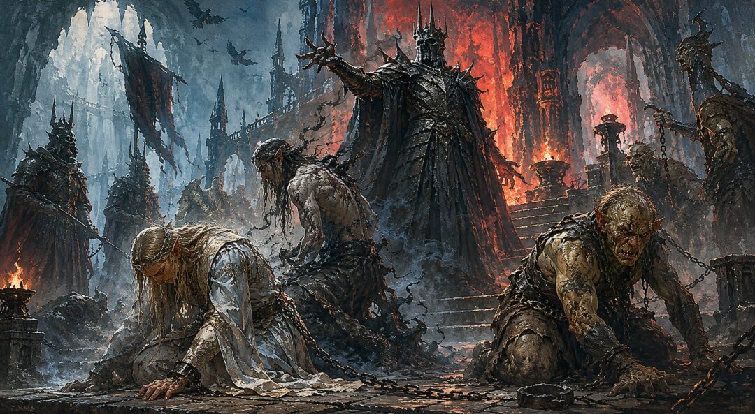 Morgoth overseeing the corruption of captive Elves into the first Orcs in a dark First Age setting