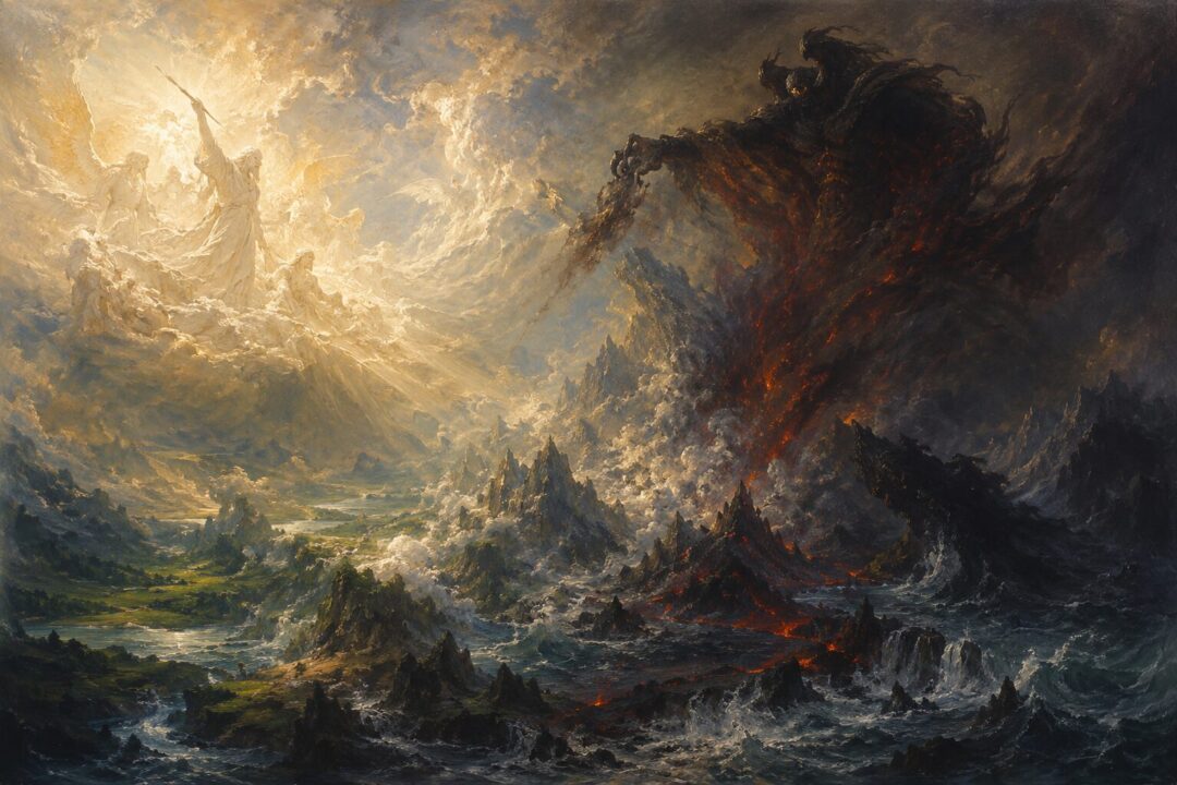 A dark rebellious presence pours discord into the shaping of Arda as luminous powers form mountains, seas, and skies.