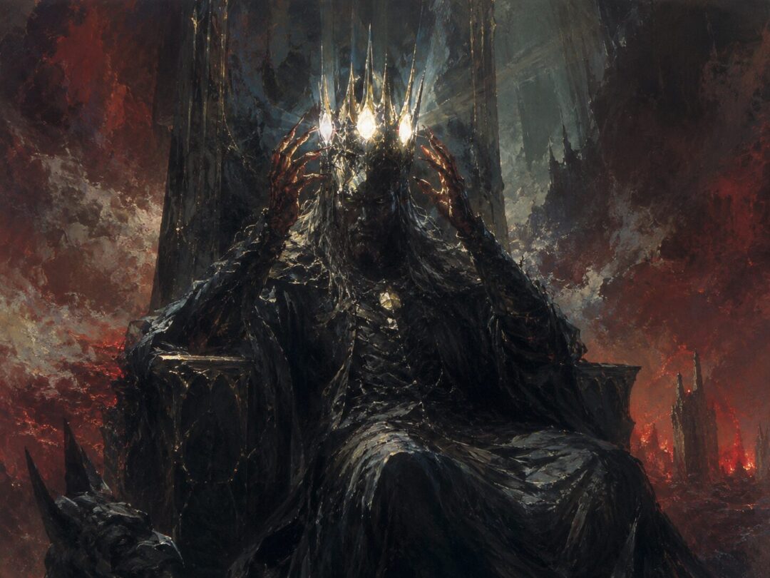 Morgoth wears the Iron Crown with the Silmarils blazing painfully in the darkness.