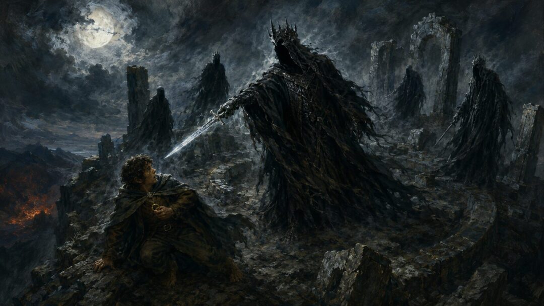 Frodo being attacked by a crowned wraith with a Morgul-knife on the ruined hill of Amon Sûl.
