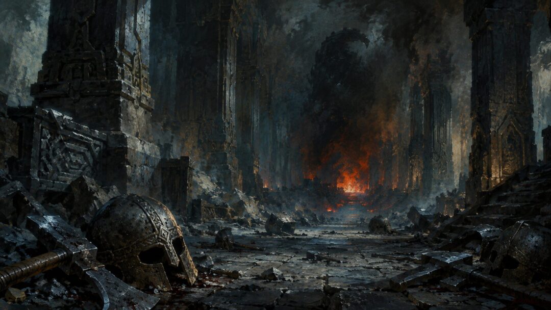 A ruined Dwarven hall in Moria with broken tools, fallen helmets, smoke, fire, and distant shadow.