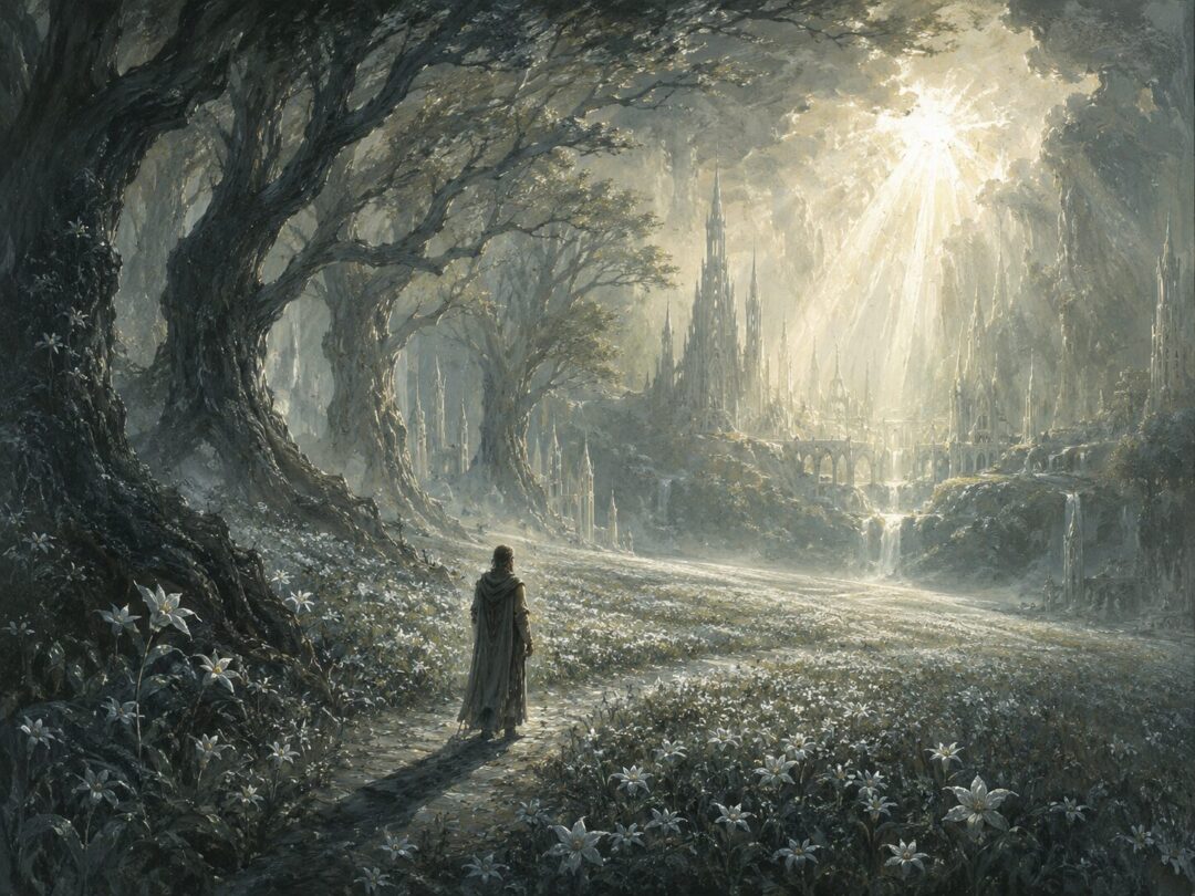 A lone mortal figure overwhelmed by the steady light of the Undying Lands.