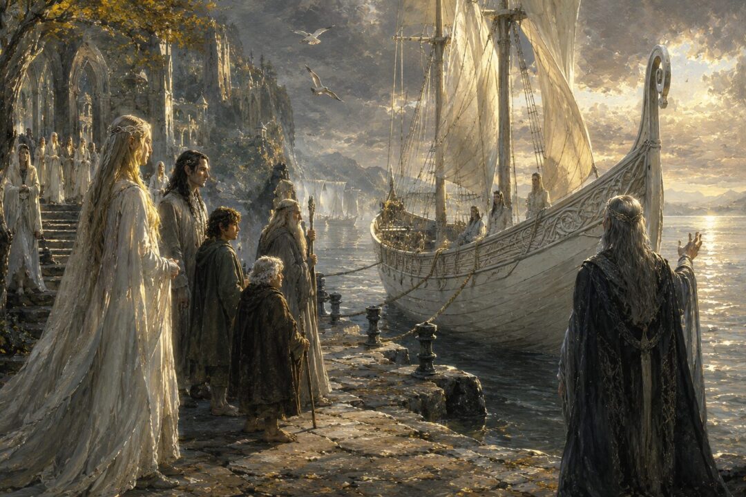 Symbolic view of a mortal gazing west toward the distant light of Aman across the sea
