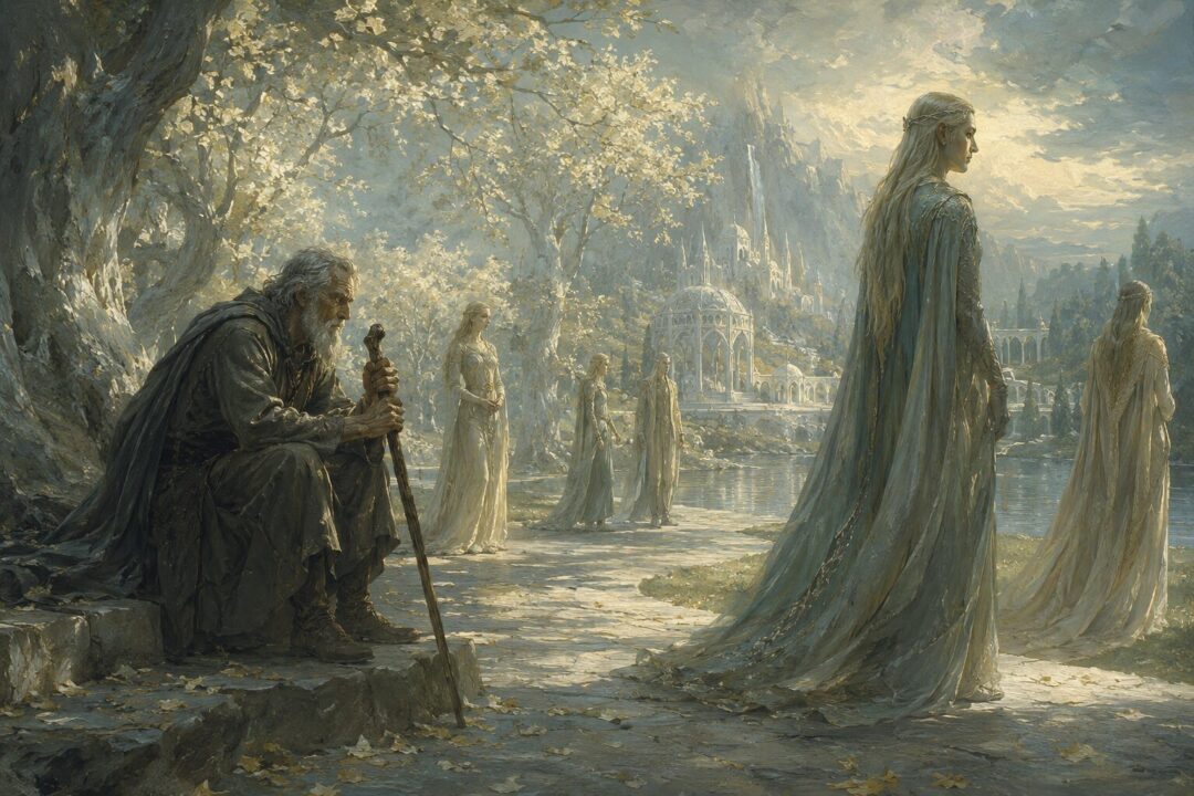 An aged mortal traveler rests in a hallowed western garden among ageless Elven figures.