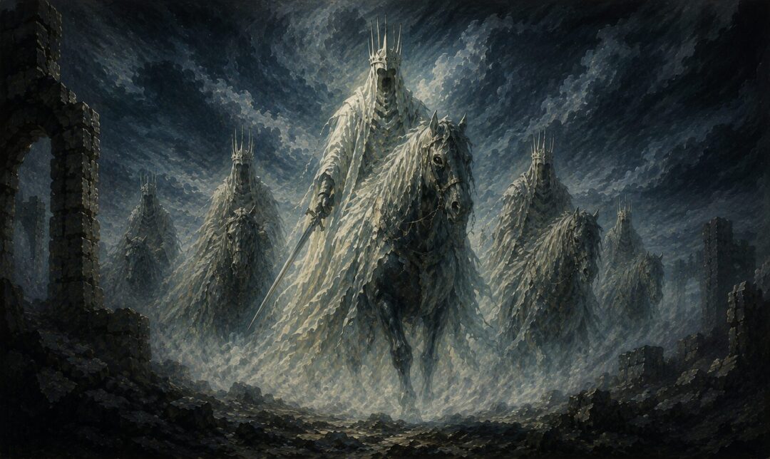 The Nazgûl as Frodo sees them after wearing the Ring at Weathertop, crowned and terrible in the unseen world
