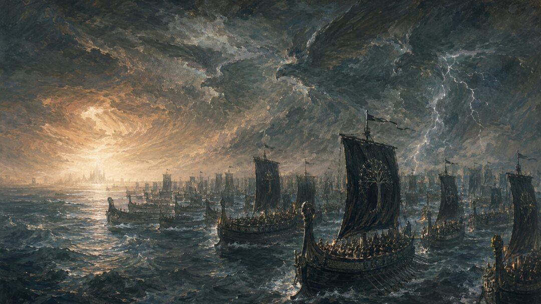 The armada of Númenor sails west beneath storm clouds toward the forbidden Undying Lands.