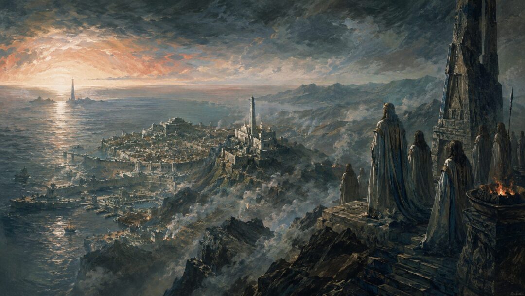 Númenóreans stand on Meneltarma at twilight while the western sea glows beyond their island kingdom.
