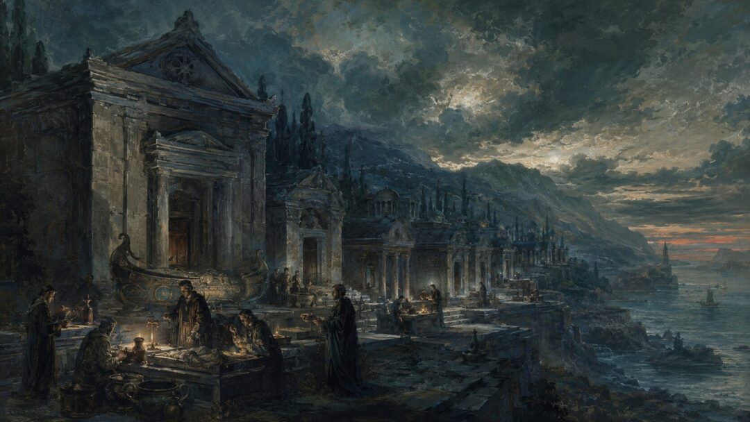 Great Númenórean tombs stretch beneath a dark sky as the culture turns toward preserving the dead.