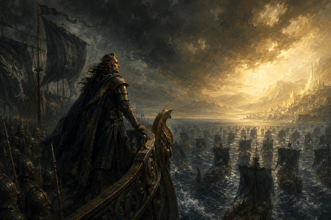 A proud Númenórean king leads a vast armada west toward the forbidden light of Aman.