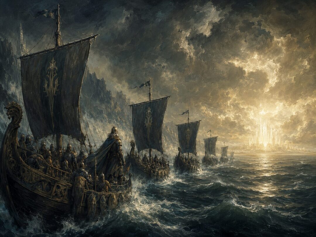 A proud Númenórean fleet sailing west toward the forbidden light of Aman under an ominous sky.