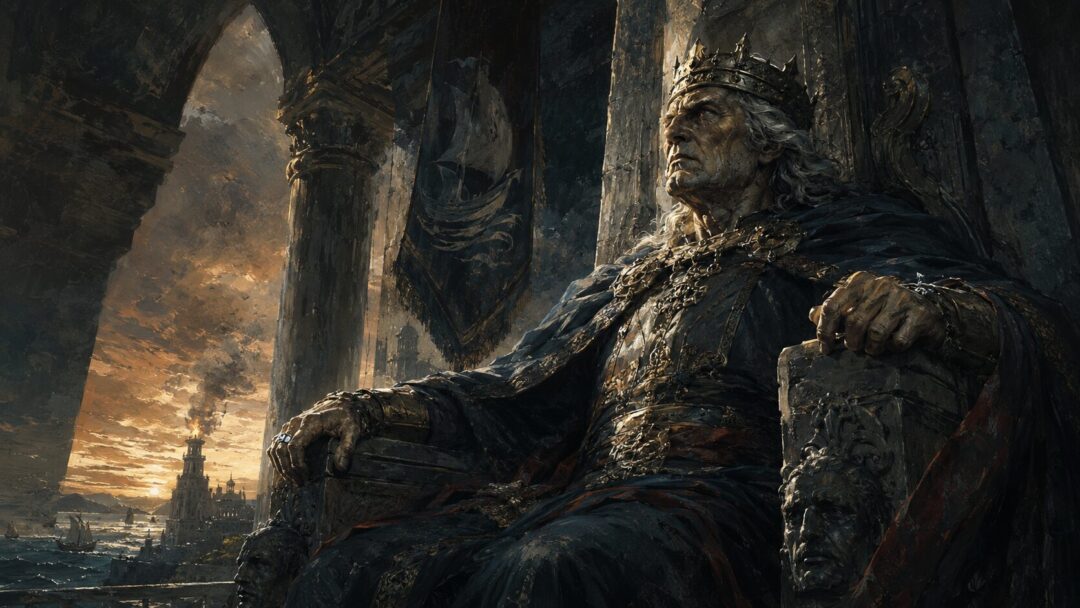 An aging Númenórean king sits alone on a stone throne, proud and afraid as the light fades.