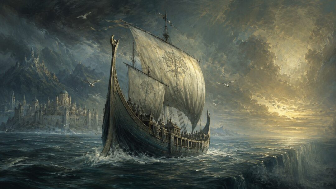A Númenórean ship sails west toward a forbidden glow while Númenor fades behind it on the horizon.
