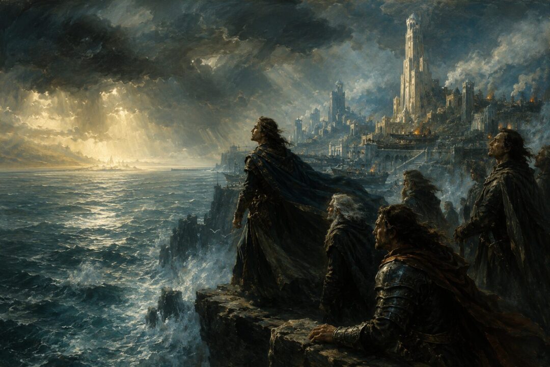 Númenórean mariners stand on a western cliff, longing across the sea toward the forbidden Undying Lands.
