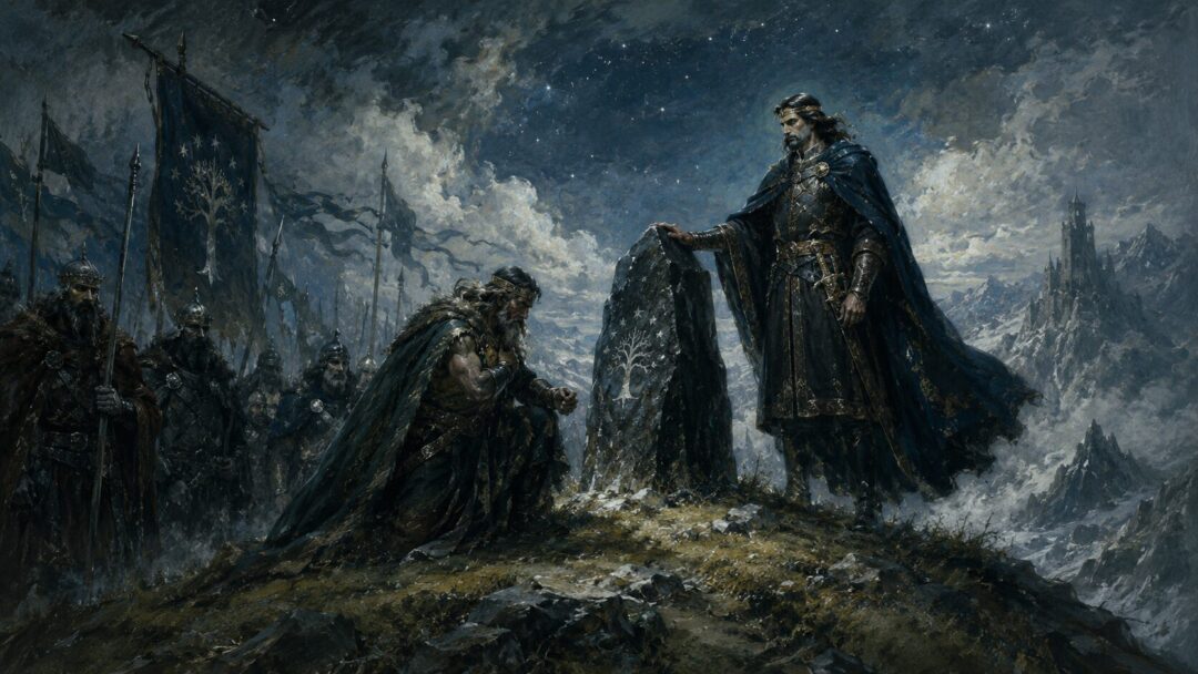 The King of the Mountains swears allegiance beside the black Stone of Erech in the early days of Gondor.