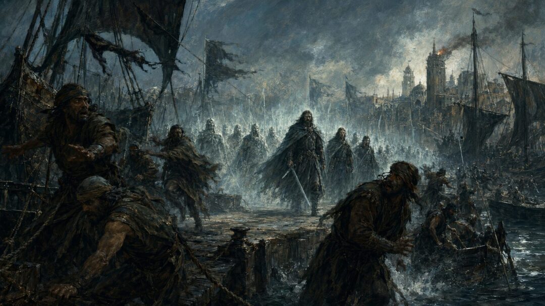 The Dead Men of Dunharrow terrify Sauron’s allies near the Corsair ships at Pelargir.