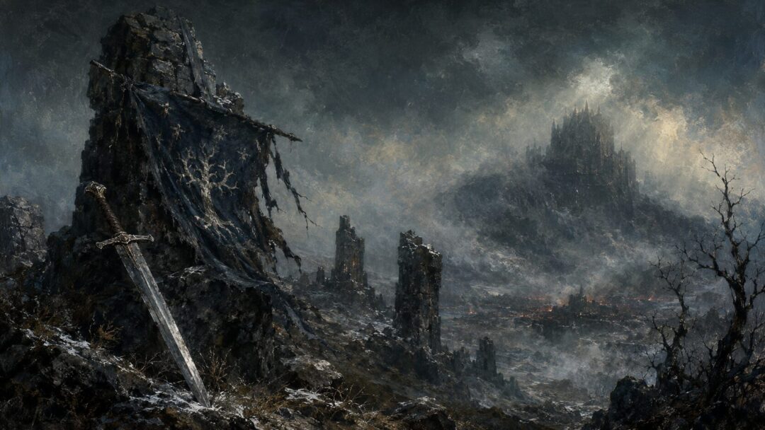 A blade of Westernesse rests among ruined northern stones beneath the shadow of ancient Angmar.