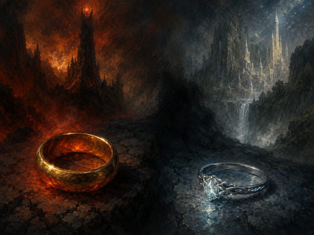 A symbolic contrast between the golden One Ring and Galadriel’s mithril ring Nenya with a white adamant stone.