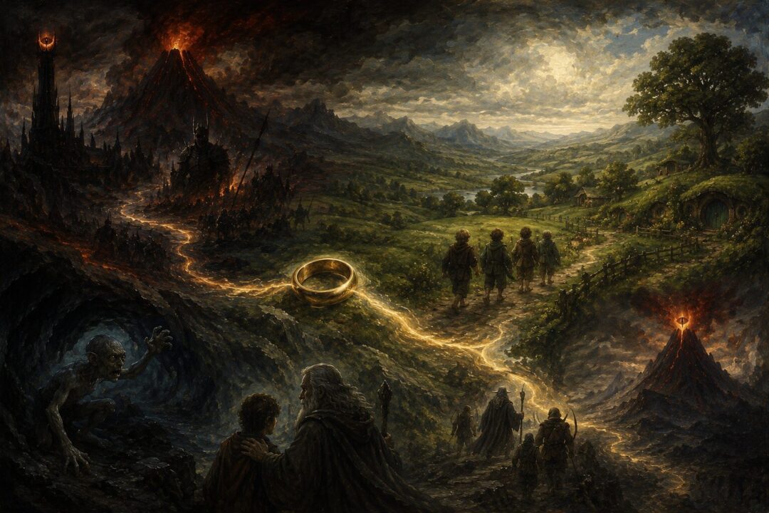 Symbolic image of the One Ring’s path diverted from Sauron through hobbits and mercy toward Mount Doom